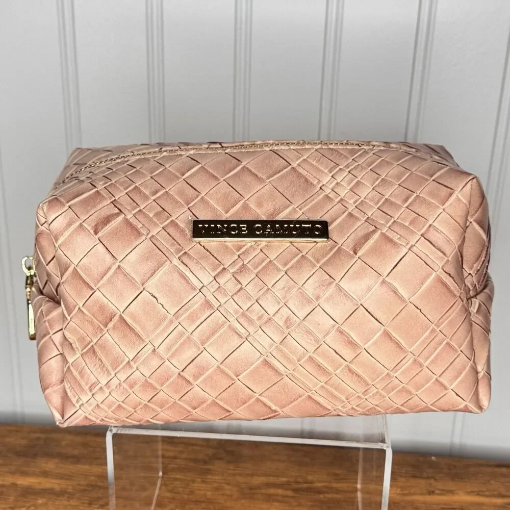 Vince Camuto Makeup Cosmetics TRAVEL Bag Rose Pink Gold VINYL  Woven Texture